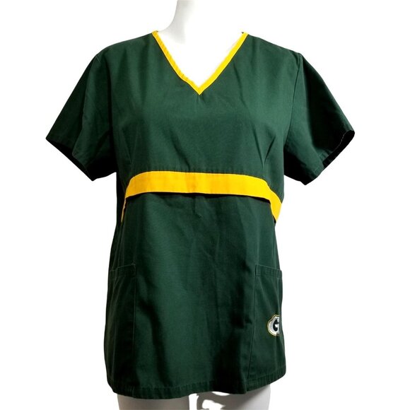 Green Bay Packers Shirt Womens Medium Green Yellow NFL Football Scrub Top Team - Picture 2 of 8